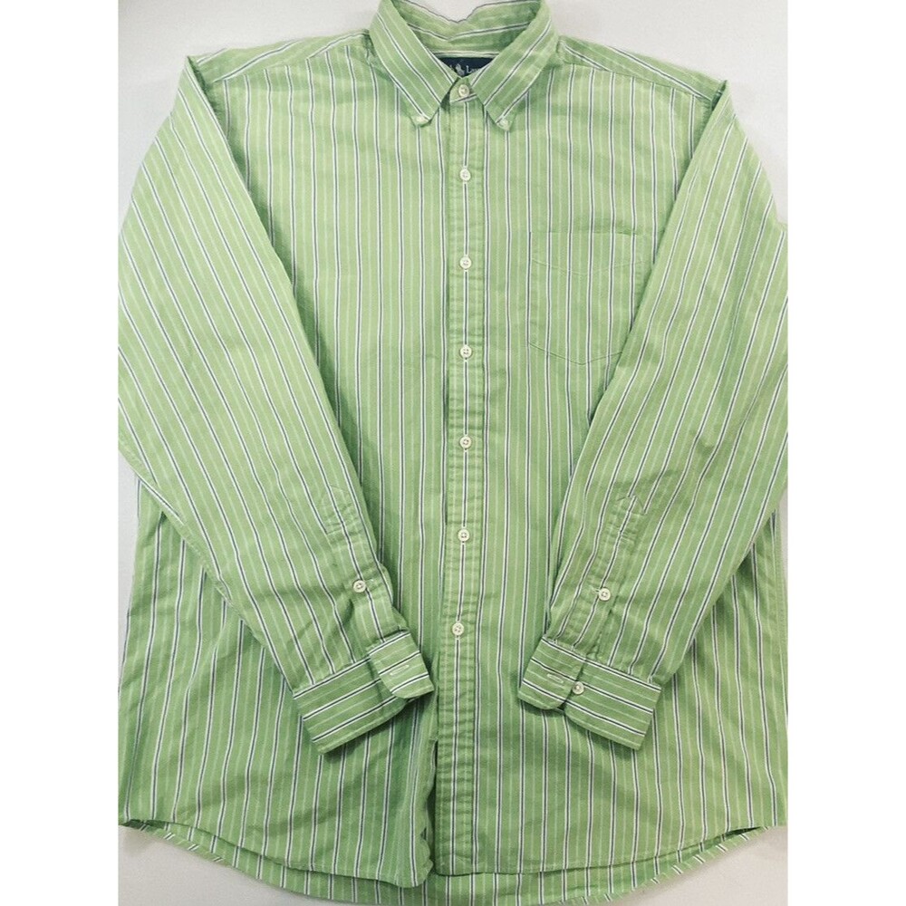 Ralph Lauren Mens Vintage Button Down Green Blue Stripe Long Sleeve Shirt Size L